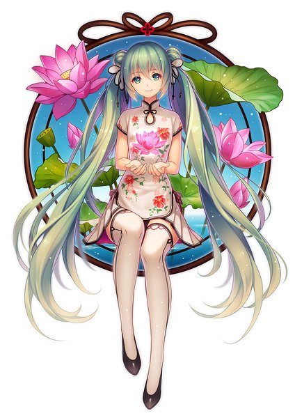 Anime picture 1061x1500 with vocaloid hatsune miku tidsean single tall image looking at viewer fringe hair between eyes white background sitting twintails holding green eyes full body bent knee (knees) very long hair traditional clothes head tilt green hair light smile
