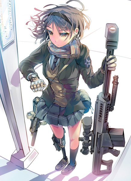 イラスト 872x1200 と オリジナル daito (daito369) ソロ 長身像 短い髪 茶色の髪 茶目 serious mechanical parts amputee 女の子 スカート 手袋 制服 髪飾り 武器 学生服 ソックス ネクタイ 靴