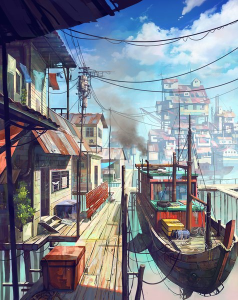Anime picture 1240x1563 with original feigiap tall image sky cloud (clouds) city smoke cityscape no people plant (plants) wire (wires) aircraft airship