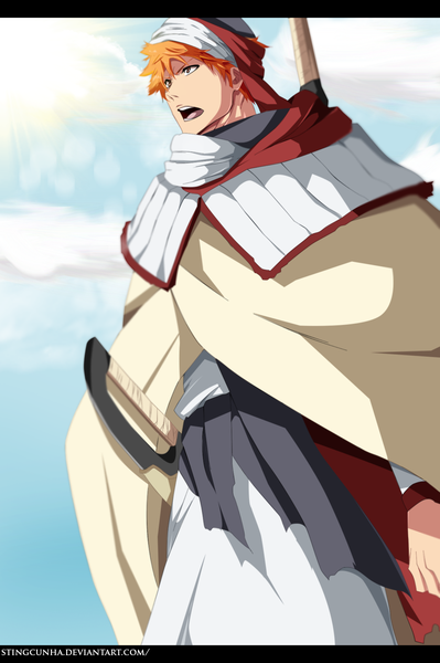 Anime picture 1195x1796 with bleach studio pierrot kurosaki ichigo stingcunha single tall image short hair open mouth sky cloud (clouds) traditional clothes japanese clothes sunlight orange hair orange eyes coloring letterboxed boy weapon sword