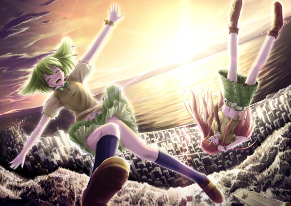 Anime picture 1254x887 with macross macross frontier sheryl nome ranka lee tagme (artist) long hair short hair multiple girls pink hair sky cloud (clouds) eyes closed one eye closed green hair wink city evening sunset falling girl