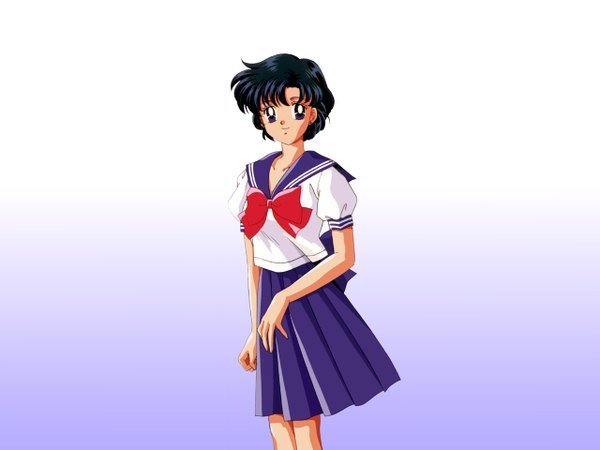 Anime picture 1280x960 with bishoujo senshi sailor moon toei animation mizuno ami single looking at viewer short hair black hair simple background purple eyes pleated skirt gradient background girl skirt bow