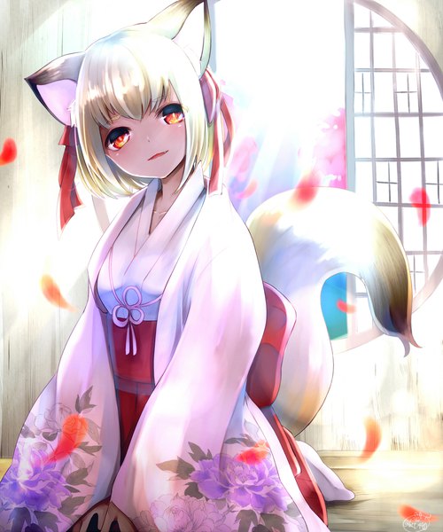 Anime picture 1665x2000 with original chita (ketchup) single tall image looking at viewer fringe short hair blonde hair sitting animal ears tail traditional clothes parted lips head tilt japanese clothes animal tail sunlight blurry orange eyes floral print