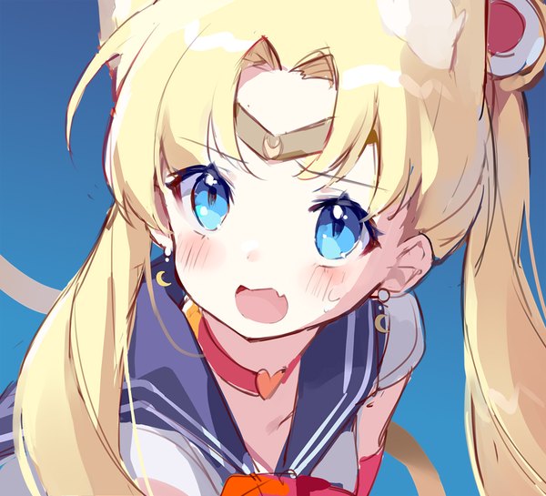 Anime picture 1100x1000 with bishoujo senshi sailor moon toei animation tsukino usagi sailor moon liuqing (635320902) single long hair blush open mouth blue eyes simple background blonde hair twintails animal ears looking away tail :d animal tail cat ears cat girl