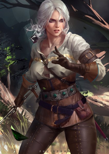 Anime picture 764x1080 with the witcher the witcher 3 wild hunt ciri zumi (zumidraws) single tall image fringe short hair light erotic standing holding signed yellow eyes looking away outdoors white hair parted lips realistic scar girl