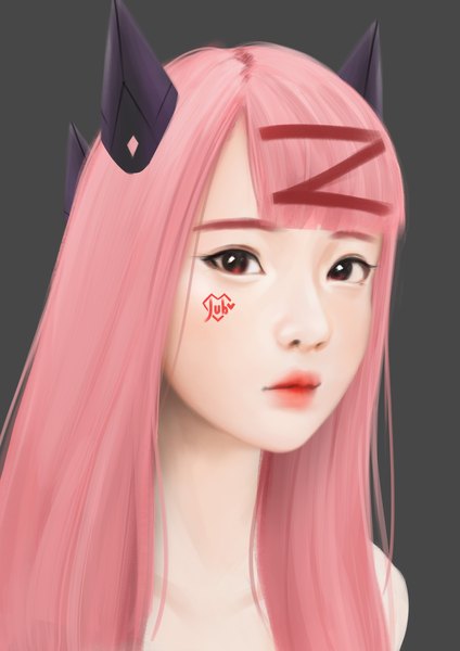 Anime picture 2480x3508 with original seoyun (jubi) jubi (regiana) single long hair tall image looking at viewer highres simple background red eyes signed pink hair horn (horns) realistic lipstick portrait dark background red lipstick expressionless girl