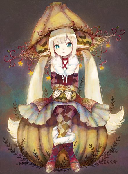 Anime picture 735x1000 with original cako asida single long hair tall image looking at viewer blue eyes blonde hair sitting twintails payot full body head tilt pointy ears fur trim crossed legs low twintails halloween rhombus girl