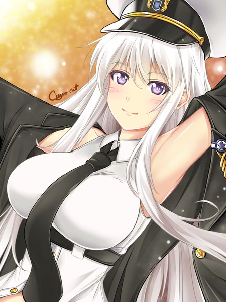 Anime picture 768x1024 with azur lane enterprise (azur lane) cigar cat single long hair tall image looking at viewer blush fringe breasts simple background smile hair between eyes purple eyes signed payot silver hair upper body arm up open clothes
