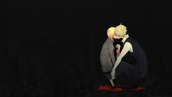 Anime picture 1920x1080 with durarara!! brains base (studio) coca-cola heiwajima shizuo highres short hair simple background blonde hair wide image black background smoke squat kiss product placement girl boy vest cigarette can