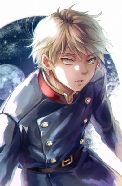 Anime picture 550x836 with aldnoah.zero a-1 pictures slaine troyard saito yukihiro single tall image looking at viewer fringe short hair open mouth blonde hair hair between eyes white background aqua eyes shaded face double buttons military boy uniform belt