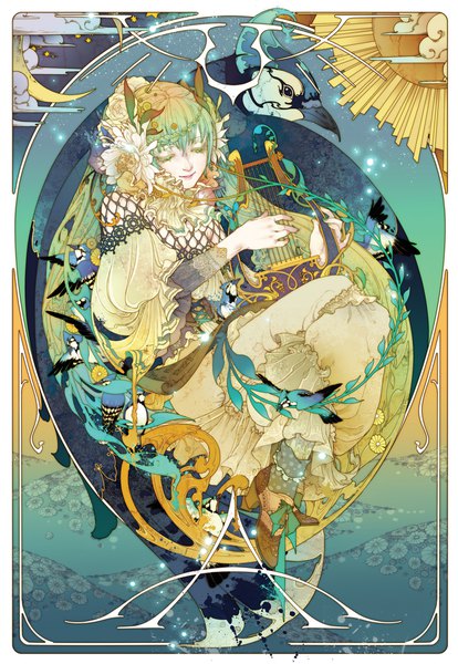 Anime picture 1380x2000 with vocaloid hatsune miku akai kamoshi single long hair tall image smile sitting twintails eyes closed hair flower green hair gradient hair playing instrument music art nouveau girl dress flower (flowers) plant (plants)