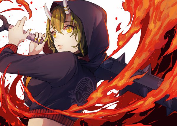 Anime picture 1400x1000 with original rokuo016 single fringe short hair hair between eyes yellow eyes looking away upper body nail polish horn (horns) green hair oni horns oni girl weapon hood fire youkai club