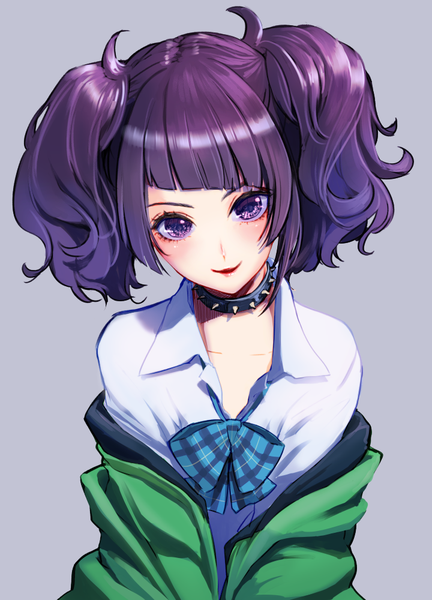 Anime picture 720x1000 with idolmaster idolmaster shiny colors tanaka mamimi misty cj single tall image looking at viewer fringe short hair simple background smile purple eyes twintails purple hair head tilt off shoulder short twintails open collar girl uniform