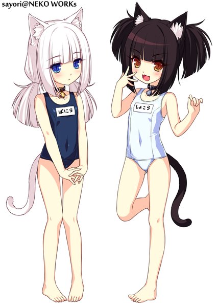 Anime picture 1254x1771 with neko paradise vanilla (nekopara) chocola (nekopara) sayori tall image blush short hair blue eyes light erotic black hair simple background white background multiple girls animal ears white hair animal tail cat ears loli cat tail orange eyes