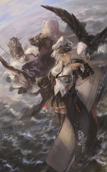 Anime picture 2500x4000 with azur lane enterprise (azur lane) yorktown (azur lane) song ren long hair tall image fringe highres breasts hair between eyes standing multiple girls looking away silver hair outdoors eyes closed from above open clothes girl skirt