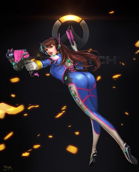Anime picture 2765x3425 with overwatch blizzard entertainment d.va (overwatch) chenkiyui single long hair tall image looking at viewer fringe highres breasts open mouth light erotic smile brown hair holding brown eyes full body ass long sleeves