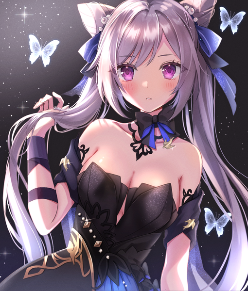 Anime picture 1350x1587 with genshin impact keqing (genshin impact) keqing (opulent splendor) (genshin impact) su2525 single long hair tall image looking at viewer blush fringe breasts light erotic simple background large breasts standing twintails bare shoulders payot cleavage purple hair