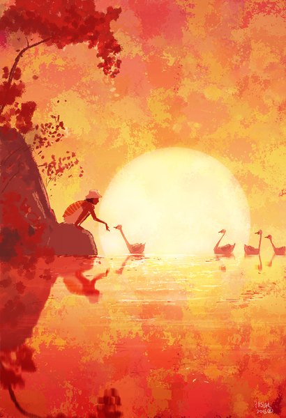 Anime picture 970x1417 with original pascal campion tall image short hair black hair sitting sky bent knee (knees) sunlight outstretched arm evening reflection sunset squat swimming girl plant (plants) hat animal tree (trees)