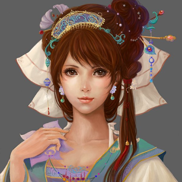 Anime picture 1000x1000 with original sunmomo single long hair fringe simple background brown hair brown eyes traditional clothes grey background face girl hair ornament earrings beads