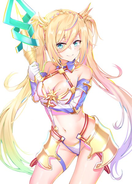Anime picture 1400x1949 with fate (series) fate/grand order bradamante (fate/grand order) nyung single long hair tall image blush fringe breasts light erotic simple background blonde hair smile hair between eyes standing white background twintails bare shoulders holding