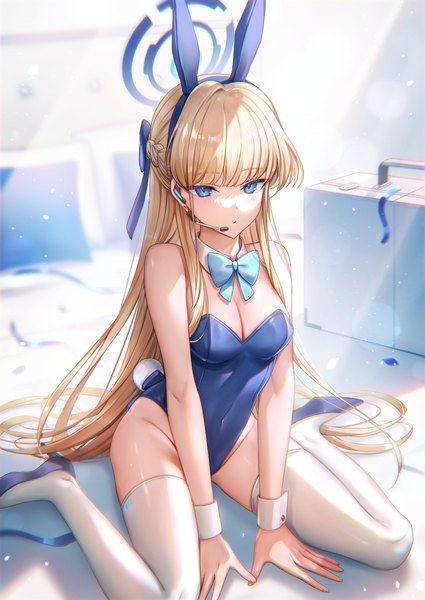 Anime-Bild 2508x3541 mit blue archive toki (blue archive) toki (bunny) (blue archive) tsugutoku single long hair tall image looking at viewer fringe highres breasts blue eyes light erotic blonde hair large breasts sitting bare shoulders animal ears cleavage tail