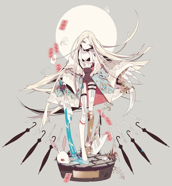 Anime picture 1002x1080 with original shikimi (yurakuru) single long hair tall image blonde hair looking away grey background grey eyes closed umbrella severed head girl thighhighs weapon animal shirt water shorts boots belt