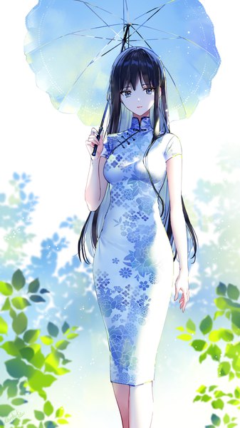 Anime picture 1080x1920 with original nardack single long hair tall image looking at viewer fringe black hair simple background standing holding traditional clothes short sleeves grey eyes floral print chinese clothes girl plant (plants) umbrella chinese dress