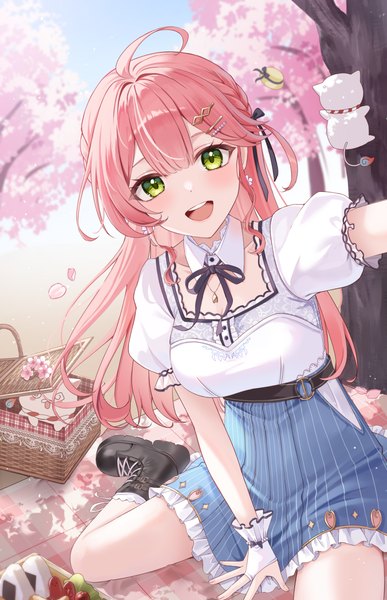Anime picture 1600x2483 with virtual youtuber hololive sakura miko 35p (sakura miko) sakura miko (street) sakura miko (7th costume) pora 0918 single long hair tall image looking at viewer open mouth green eyes pink hair ahoge outdoors :d puffy sleeves cherry blossoms official alternate costume