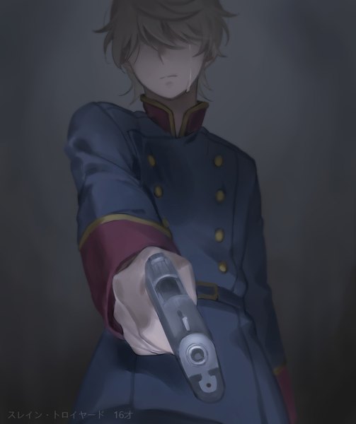 Anime picture 671x800 with aldnoah.zero a-1 pictures slaine troyard kanmuri (hanyifan30338) single tall image fringe short hair simple background standing holding grey hair grey background dark background crying double buttons hair over eyes boy uniform weapon