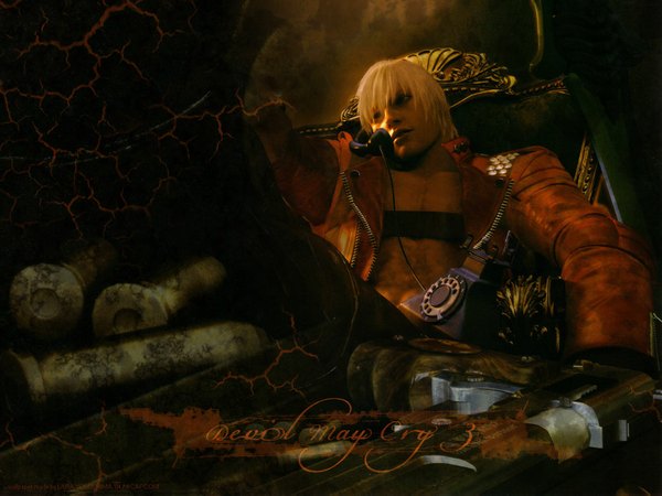 Anime picture 1024x768 with devil may cry dante (devil may cry) short hair white hair 3d boy weapon sword gun armchair phone