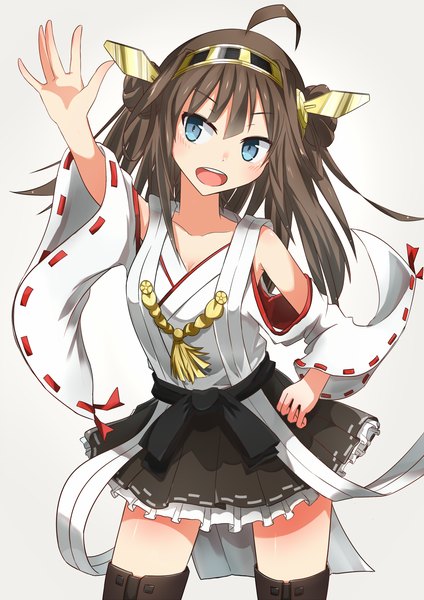 Anime picture 1060x1500 with kantai collection kongou battleship sune (mugendai) single long hair tall image blush open mouth blue eyes simple background brown hair standing white background looking away traditional clothes japanese clothes nontraditional miko girl skirt hair ornament