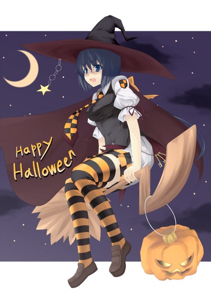 Anime picture 1060x1500 with original ac (eshi) single tall image short hair blue eyes black hair night halloween crescent broom riding happy halloween girl thighhighs hat witch hat striped thighhighs vegetables broom jack-o'-lantern