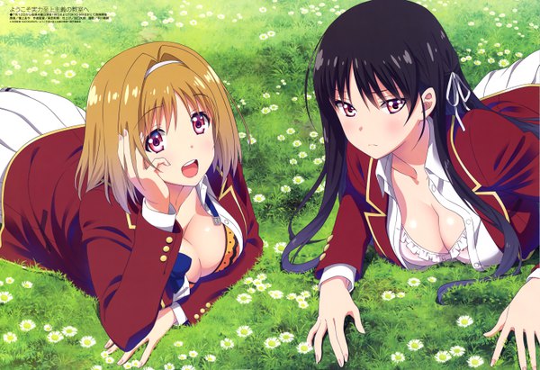 Anime picture 5940x4076 with youkoso jitsuryoku shijou shugi no kyoushitsu e megami magazine horikita suzune kushida kikyou higami aya long hair looking at viewer blush highres short hair breasts open mouth light erotic black hair brown hair multiple girls absurdres cleavage outdoors :d