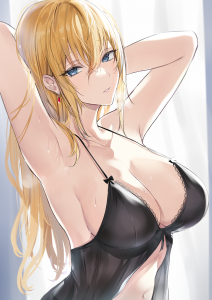 Anime picture 1700x2406 with original kyouki single long hair tall image looking at viewer blush fringe breasts blue eyes light erotic blonde hair hair between eyes large breasts cleavage upper body parted lips arms up armpit (armpits) sweat