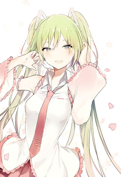 Anime picture 684x1000 with vocaloid hatsune miku sakura miku lpip single long hair tall image looking at viewer blush fringe open mouth simple background smile hair between eyes standing white background twintails bare shoulders green eyes payot