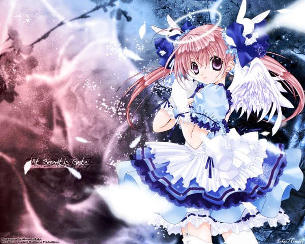 Anime picture 1280x1024 with pita ten misha (pita ten) koge donbo single twintails purple eyes pink hair ahoge short sleeves angel wings girl thighhighs gloves bow hair bow animal white thighhighs wings white gloves bunny