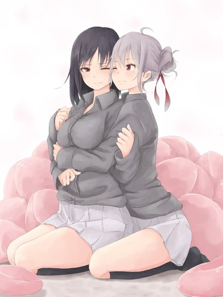 Anime picture 1193x1585 with original rutchifu long hair tall image blush fringe breasts black hair smile red eyes large breasts sitting multiple girls brown eyes bent knee (knees) eyes closed pleated skirt one eye closed grey hair wink