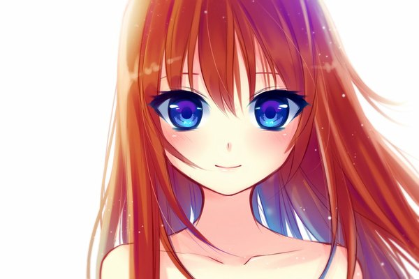 Anime picture 1024x683 with original nami (nyaa) single long hair looking at viewer blush blue eyes simple background smile white background bare shoulders red hair face girl
