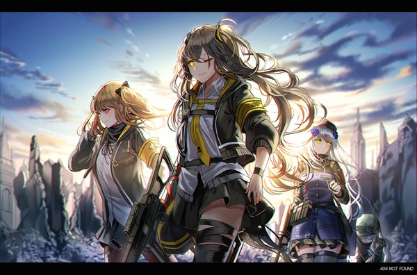 Anime picture 950x628 with girls frontline hk416 (girls frontline) ump45 (girls frontline) ump9 (girls frontline) g11 (girls frontline) silence girl long hair looking at viewer blush fringe breasts open mouth smile hair between eyes red eyes brown hair twintails multiple girls holding yellow eyes