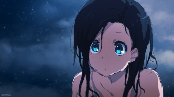 Anime picture 5120x2880 with tom skender single long hair highres blue eyes black hair wide image bare shoulders absurdres cloud (clouds) night night sky close-up face girl