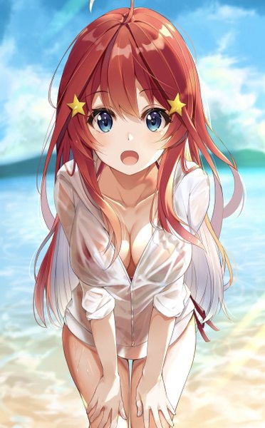 Anime picture 780x1256 with go-toubun no hanayome nakano itsuki kurokuro illust single long hair tall image looking at viewer blush fringe breasts open mouth blue eyes light erotic smile hair between eyes sky cleavage cloud (clouds) ahoge outdoors