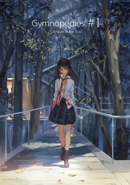 Anime-Bild 992x1403 mit original hjl single long hair tall image looking at viewer light erotic black hair brown eyes open clothes open shirt girl skirt uniform plant (plants) school uniform shirt tree (trees) necktie lingerie