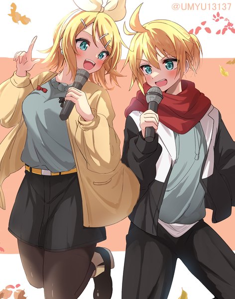 Anime picture 1699x2159 with vocaloid kagamine rin kagamine len oyu yu (pixiv 94462206) tall image blush short hair open mouth blonde hair signed ahoge ponytail :d aqua eyes open jacket twitter username siblings outside border twins singing