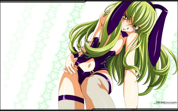 Anime picture 1920x1200 with code geass sunrise (studio) c.c. single long hair fringe highres breasts light erotic wide image white background yellow eyes green hair bunny girl girl bunnysuit