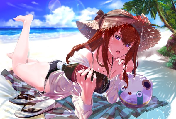 Anime picture 2600x1751 with steins;gate white fox dr pepper makise kurisu gotthelife single long hair looking at viewer blush fringe highres open mouth light erotic hair between eyes purple eyes bare shoulders holding sky cloud (clouds) full body