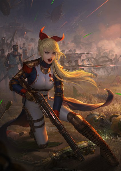 Anime-Bild 1134x1603 mit original ina wong long hair tall image fringe open mouth blonde hair brown eyes signed payot looking away ponytail multiple boys lipstick red lipstick serious soldier girl boy gloves