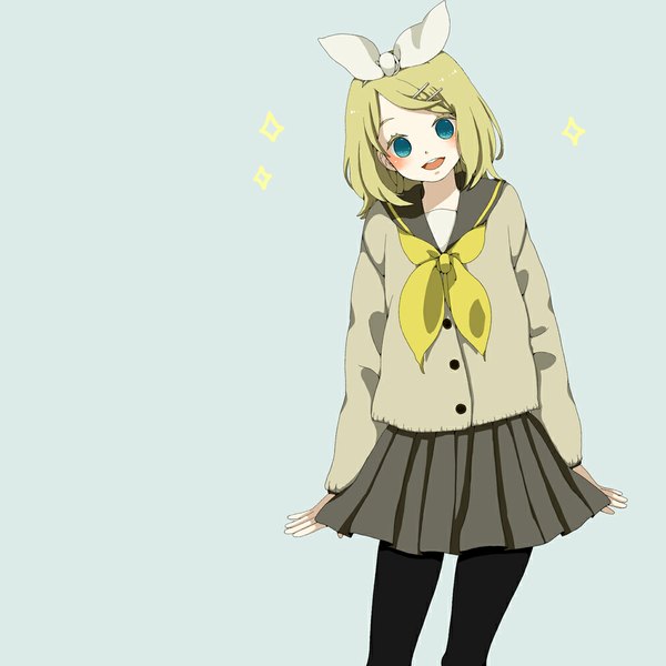 Anime picture 1000x1000 with vocaloid kagamine rin mizutamako single looking at viewer blush short hair open mouth simple background blonde hair aqua eyes blue background girl hair ornament bow hair bow pantyhose serafuku hairclip sweater