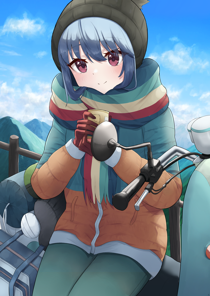 Anime picture 2150x3035 with yurucamp shima rin aftamc single long hair tall image blush fringe highres smile hair between eyes sitting purple eyes blue hair looking away sky cloud (clouds) outdoors girl gloves