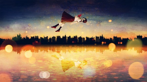Anime picture 1000x563 with original craft-cs single fringe short hair black hair wide image sky full body outdoors eyes closed profile pleated skirt lens flare city evening reflection sunset cityscape river