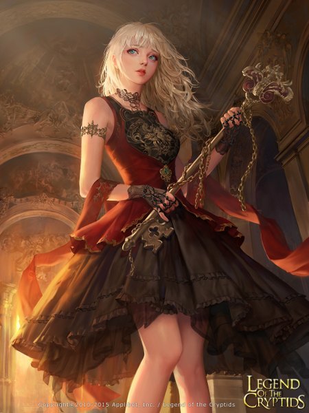 Anime-Bild 1920x2560 mit legend of the cryptids dospi single long hair tall image highres blue eyes looking away white hair lips girl dress chain key